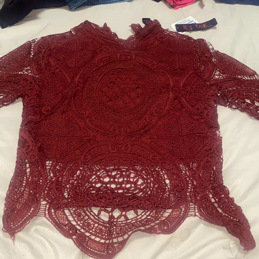 Burgundy lace long sleeve blouse.